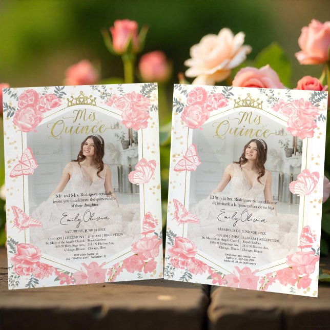 Mis Quince Photo Budget招待状バイリンガルピンク (クリエイターアップロード済み)