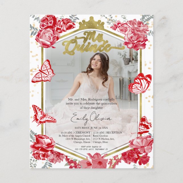 Mis Quince Photo Budget招待状バイリンガルレッド (正面)