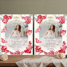 Mis Quince Photo Budget招待状バイリンガルレッド