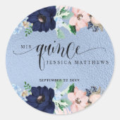 Mis Quince, Quinceanera con Flores Azul y Rosa ラウンドシール (正面)