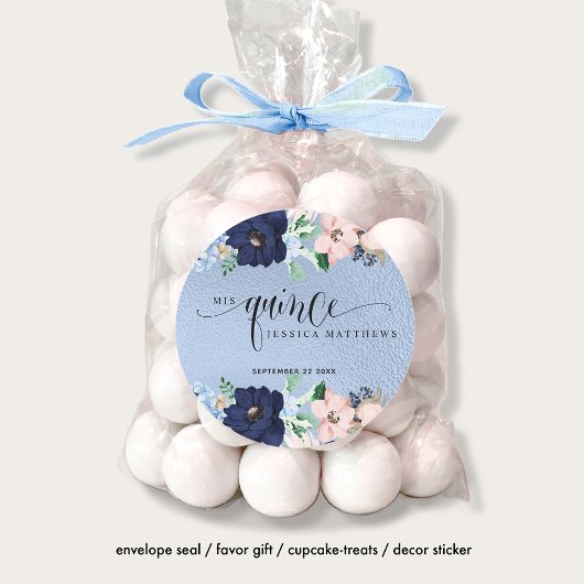 Mis Quince, Quinceanera con Flores Azul y Rosa ラウンドシール