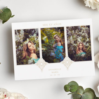 MIS XVアニョスエスパニョール3 Fotos Efecto Encaje Dorado 招待状