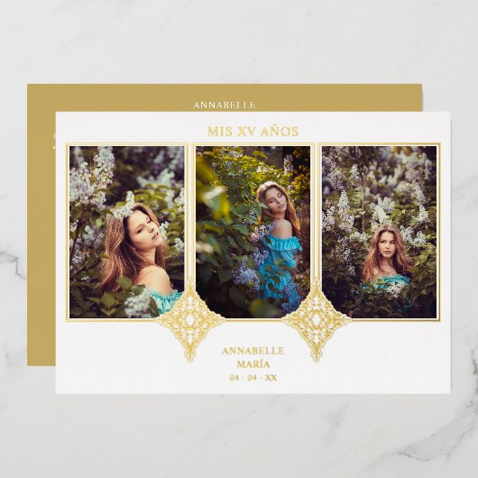 MIS XVアニョスエスパニョール3 Fotos Efecto Encaje Dorado 箔招待状 (正面/裏面)