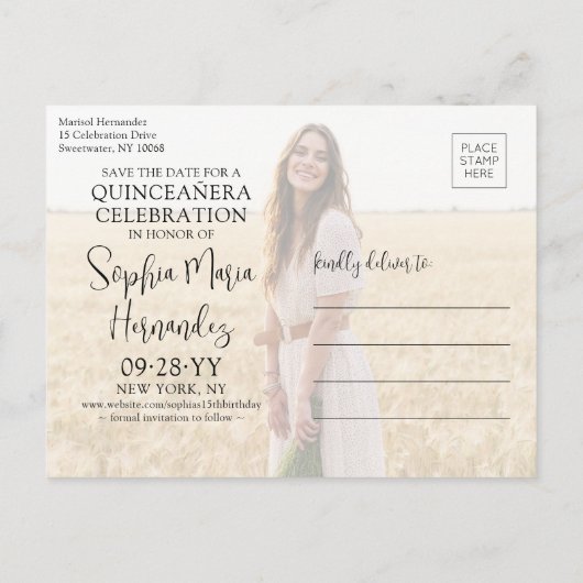 MIS XVアニョスモダン写真キンセアニラ日付を保存 案内ポストカード (裏面)