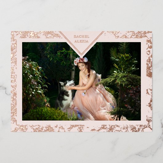 MIS XVスペインのアニョス実在バラ金ゴールドファンシーテクスチャ 箔招待状 (正面)