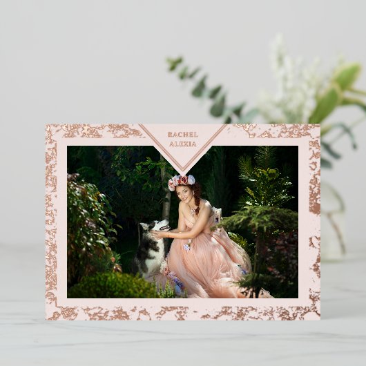 MIS XVスペインのアニョス実在バラ金ゴールドファンシーテクスチャ 箔招待状 (立ち正面)