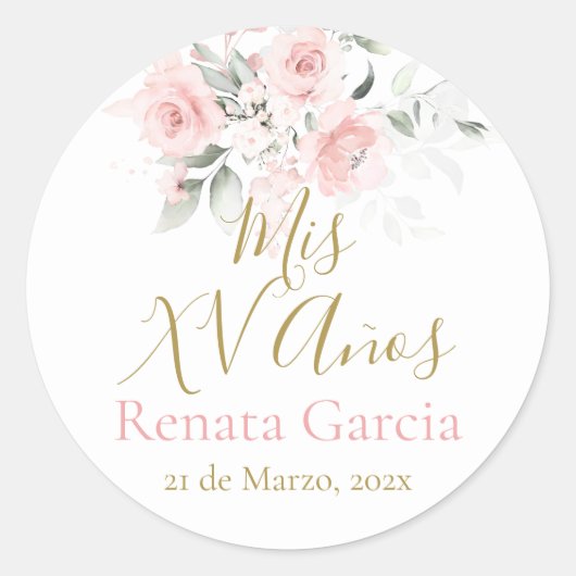 Mis XV años flores rosas ラウンドシール (正面)