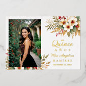 Mis XV Delicate Christmas Spanish Floral Photo 箔招待状 (正面)