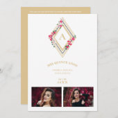 Mis XV Initial 2 Photos Gold effect Floral Diamond 招待状 (正面/裏面)