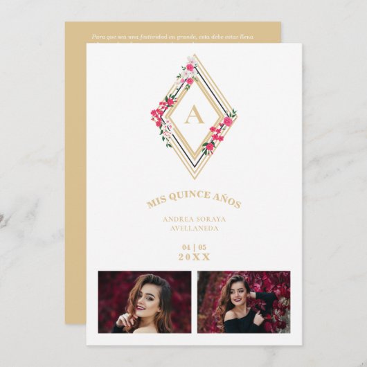 Mis XV Initial 2 Photos Gold effect Floral Diamond 招待状 (正面/裏面)