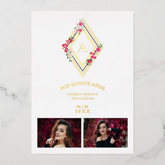 Mis XV Initial 2 Photos Gold Effect Floral Diamond 箔招待状 (正面)