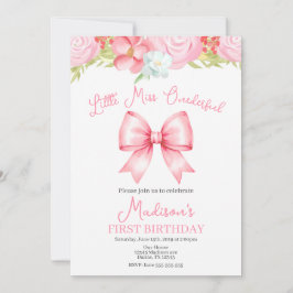 Miss Onederful Pink Bow First Birthday Invitation 招待状