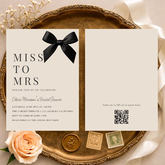 Miss to Mrs Black Bow QR Code Bridal Shower 招待状