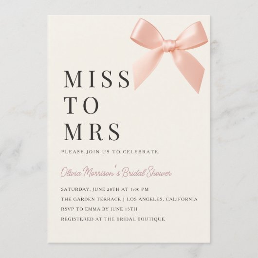 Miss to Mrs Blush Pink Bow QR Code Bridal Shower 招待状 (正面)