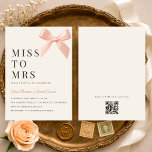 Miss to Mrs Blush Pink Bow QR Code Bridal Shower 招待状<br><div class="desc">Miss to Mrs blush pink bow bridal shower invitation featuring a soft, romantic coquette style with elegant bow details. Includes a QR code so guests can easily access event details, RSVP, or registry information. Ideal for modern bridal showers, feminine celebrations, and chic pre wedding events. Editable text and QR destination...</div>