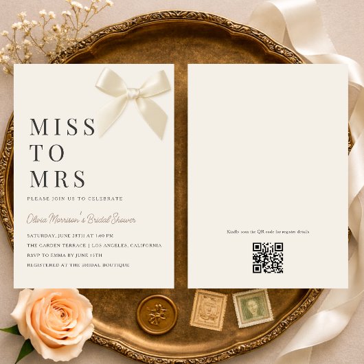 Miss to Mrs Coquette Bow QR Code Bridal Shower 招待状