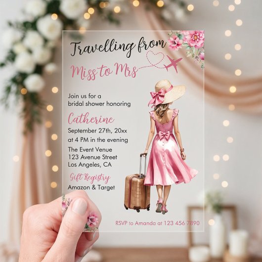 Miss To Mrs Travel Pink Bow Dress Bridal Shower アクリル招待状