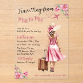 Miss To Mrs Travel Pink Bow Dress Bridal Shower アクリル招待状 (正面)