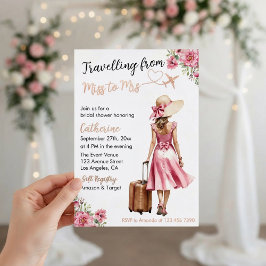 Miss To Mrs Travel Pink Bow Dress Bridal Shower 箔招待状