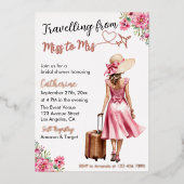 Miss To Mrs Travel Pink Bow Dress Bridal Shower 箔招待状 (正面)