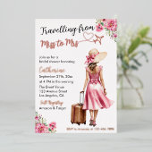 Miss To Mrs Travel Pink Bow Dress Bridal Shower 箔招待状 (立ち正面)