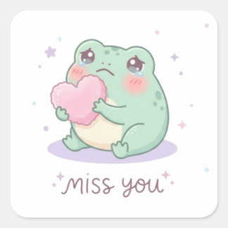 Miss You Frog Sticker Cute Frog Holding Heart Emot スクエアシール