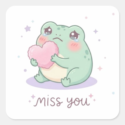 Miss You Frog Sticker Cute Frog Holding Heart Emot スクエアシール (正面)