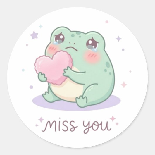 Miss You Frog Sticker Cute Frog Holding Heart Emot ラウンドシール (正面)