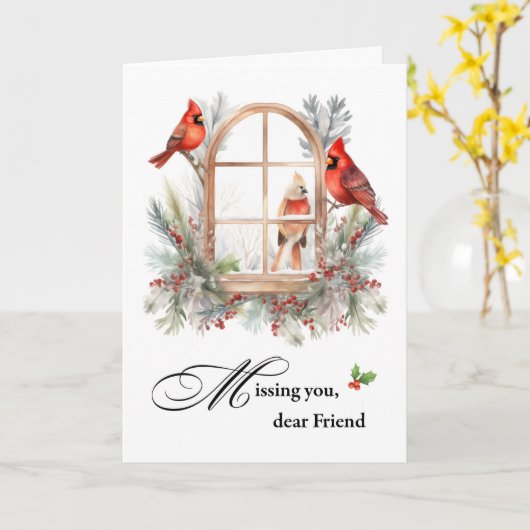 Missing You Dear Friend Winter Cardinal Birds カード (黄色い花)