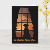 Missing You on Fathers Day Cute Dog in Window カード (黄色い花)