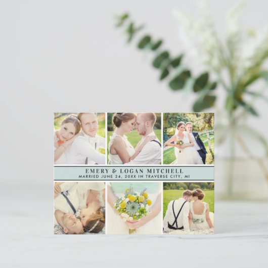 Mist Blue Monogramの写真結婚コラージュありがとう ポストカード (スタンド正面)