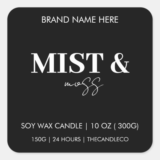 Mist & Moss Custom Candle Label Black White  スクエアシール (正面)