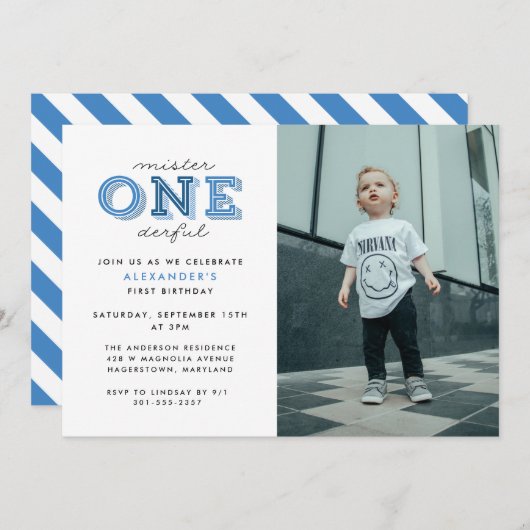 Mister Onederful 1st誕生日の写真 招待状 (正面/裏面)