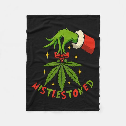Mistlestoned Weed Leaf Funny Stoner Christmas フリースブランケット (正面)