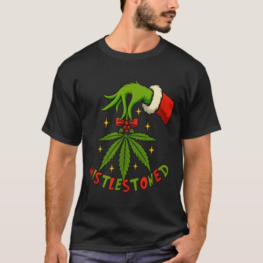 Mistlestoned Weed Leaf Funny Stoner Christmas Tシャツ (正面)