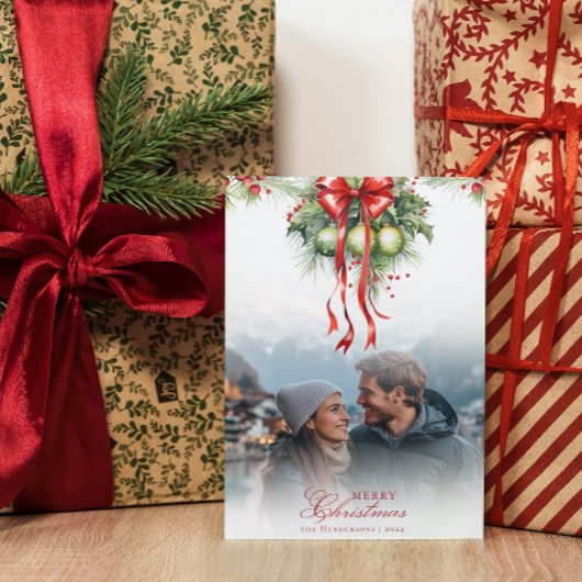 Mistletoeカップルの写真と名前クリスマスカード 招待状