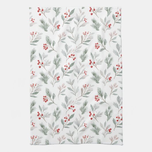 Mistletoe and Holly Berries Pattern キッチンタオル (縦)