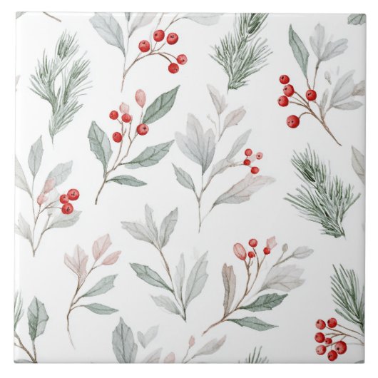 Mistletoe and Holly Berries Pattern タイル (正面)