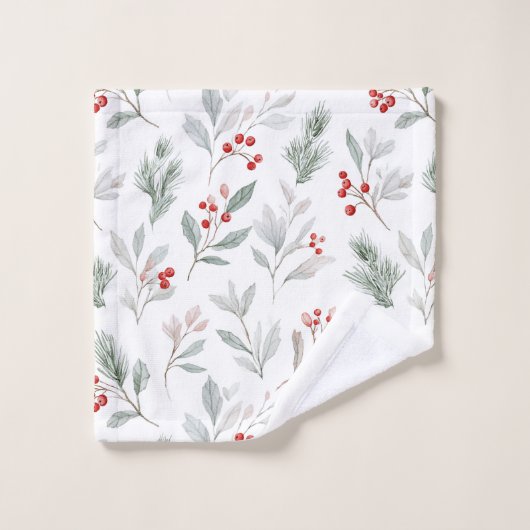 Mistletoe and Holly Berries Pattern バスタオルセット (ウォッシュタオル)
