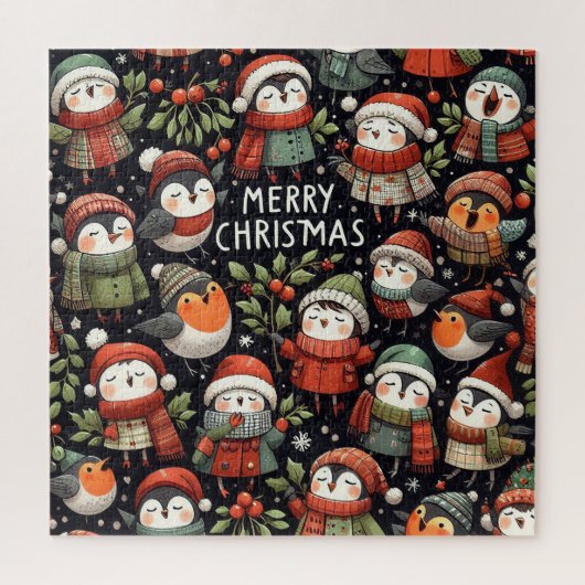 Mistletoe Christmas cute Penguin Carolers  ジグソーパズル (縦)
