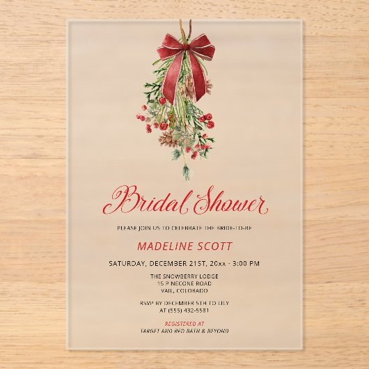 Mistletoe Christmas Winter Bridal Shower アクリル招待状 (正面)