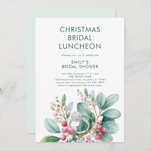 Mistletoe Engagement Ring Bridal Shower Lunch 招待状 (正面/裏面)