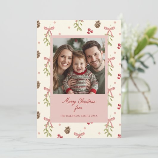 Mistletoe Pinecone Berry Pattern Photo  シーズンカード (スタンド正面)