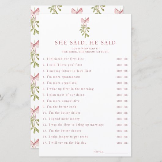 Mistletoe Pink Bow Bridal Shower She Said He Said (正面/裏面)