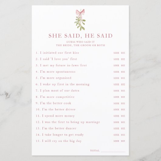 Mistletoe Pink Bow Bridal Shower She Said He Said (正面)