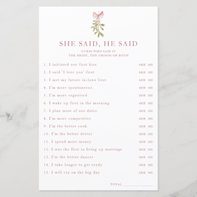 Mistletoe Pink Bow Bridal Shower She Said He Said (正面)