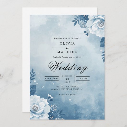 Misty Azure Floral Archway Wedding 招待状 (正面/裏面)