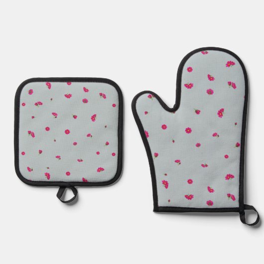 Misty Blue Deep Pink Cosmos Floral Pattern 鍋つかみ&鍋敷きセット (正面)
