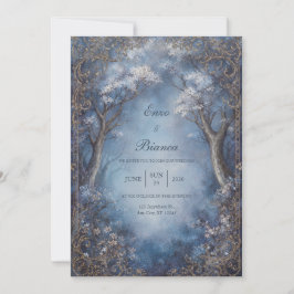 Misty Blue Enchanted Forest Gold Filigree Wedding 招待状