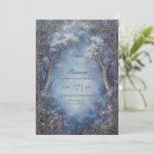 Misty Blue Enchanted Forest Gold Filigree Wedding 招待状 (スタンド正面)